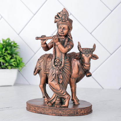 Krishna Cow Idol Statue Showpiece for Pooja Home Decor Items for Living Room and Gifts (Antique Copper)