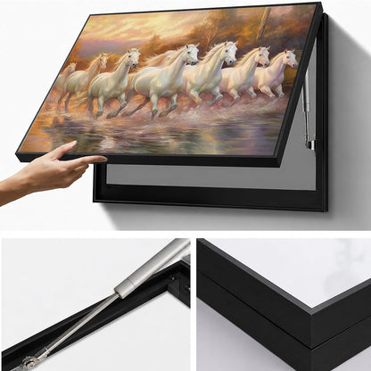 Electric MCB Box Cover Frame With Hydraulic Decorative Painting White 7 Running Horse Painting Electrical Panel box Cover, Switch Box Frame Will Fit Max 10x14 inch Switch Board, Outer Size 13X17 Inch