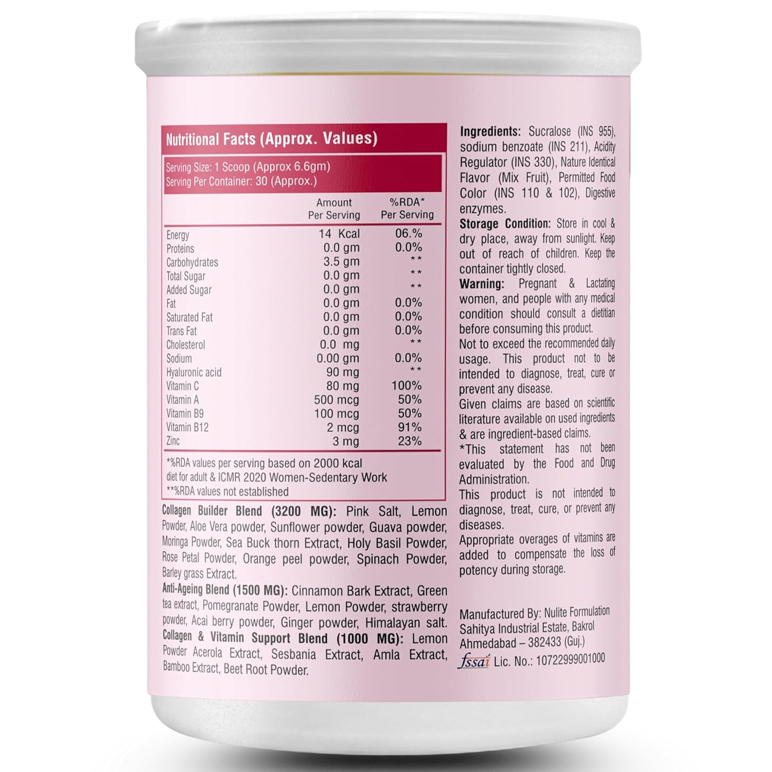 Nutritional facts and ingredients label on a supplement container with a white background