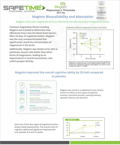 Brochure or flyer about Magtein magnesium supplement with graphs and text on a white background