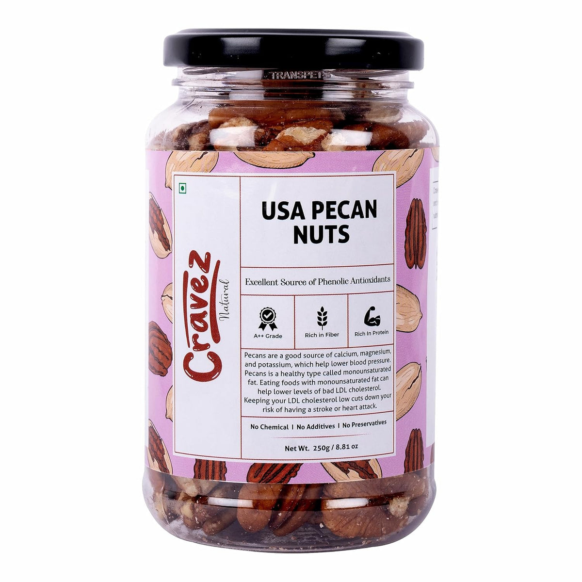 cravez Natural Usa Pecan Nuts (Grade A ++ Nuts, Premium Size, Imported) - Excellent Source Of Phenolic Antioxidant - Packed In Reusable Premium Jar - Dried