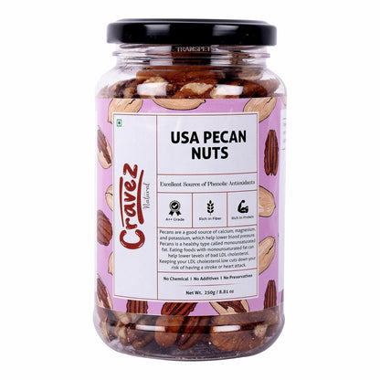 cravez Natural Usa Pecan Nuts (Grade A ++ Nuts, Premium Size, Imported) - Excellent Source Of Phenolic Antioxidant - Packed In Reusable Premium Jar - Dried