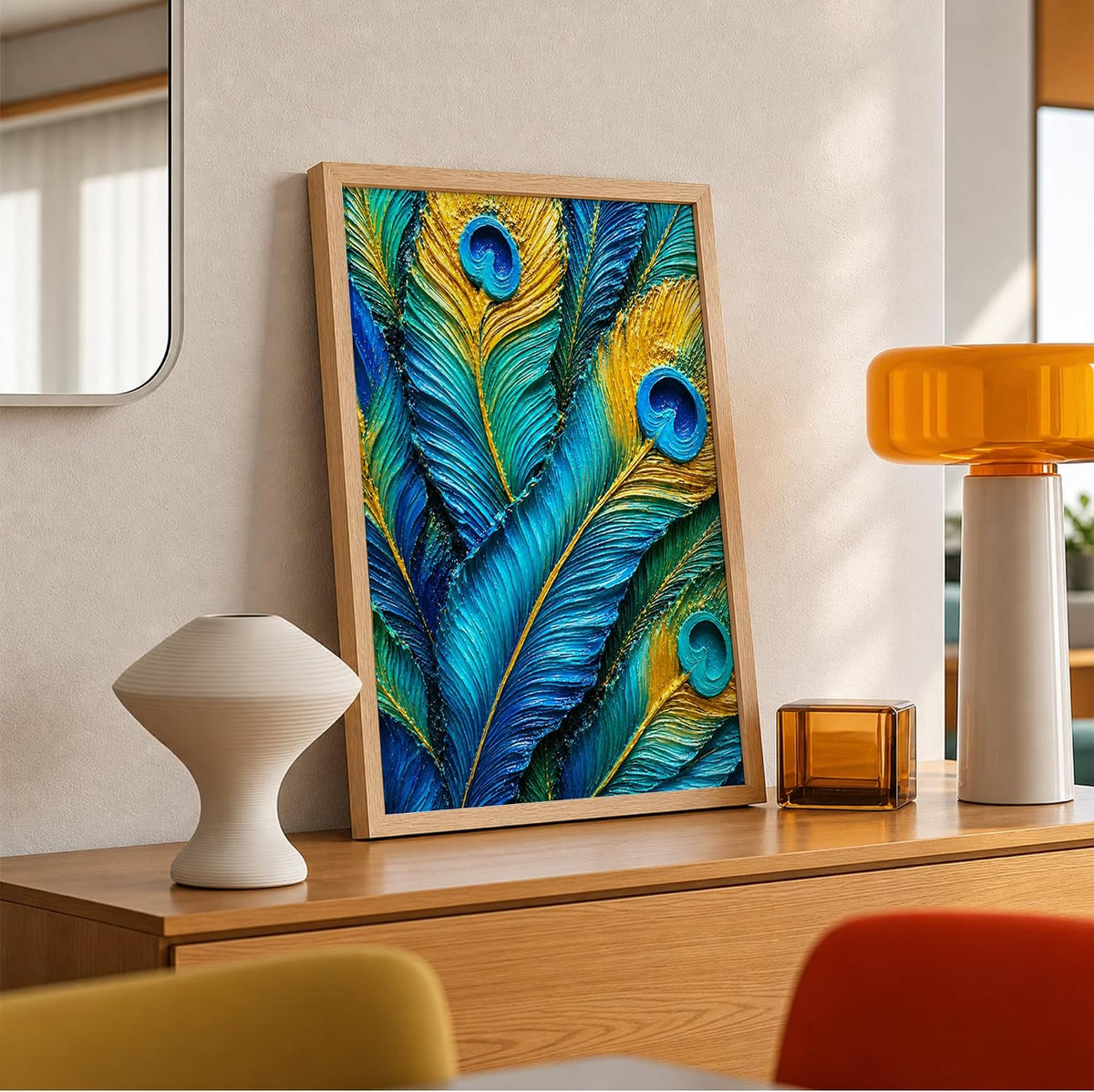 Peacock Feathers Framed Wall Art, Natural, 10x13 Inches