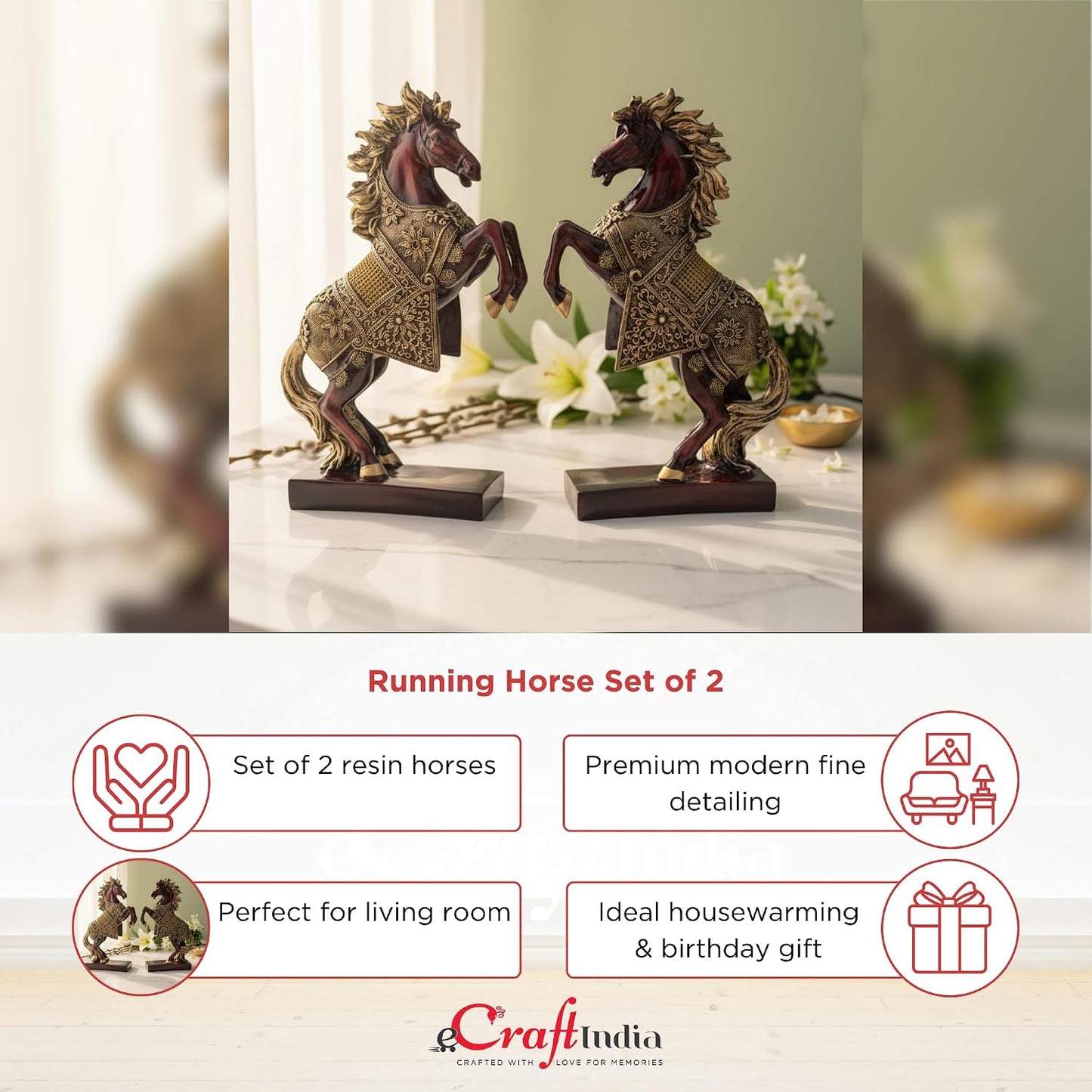 eCraftIndia Set of 2 Resin Running Horse Showpiece for Home Decor Office | Gift for Housewarming Birthday