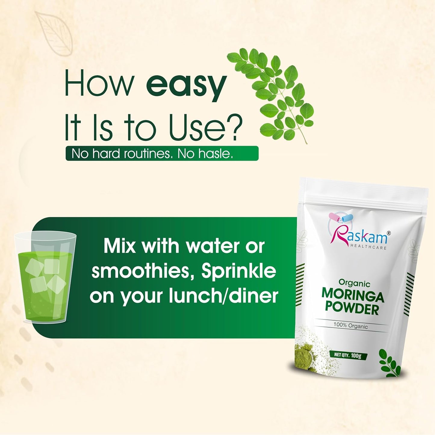 Raskam Organic Moringa Powder packaging with usage instructions on a beige background