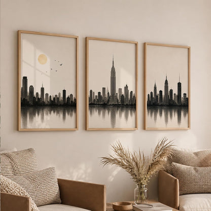 Set of 3 Modern City Skyline Wall Art Paintings for Living Room | Minimalist Urban Cityscape Wall Decor | Neutral Beige Framed Wall Paintings for Bedroom, Office, Hall & Home Decoration (13x19 Inches)