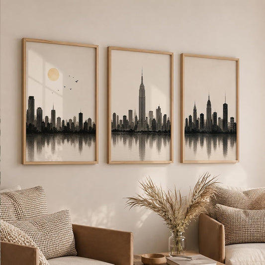 Set of 3 Modern City Skyline Wall Art Paintings for Living Room | Minimalist Urban Cityscape Wall Decor | Neutral Beige Framed Wall Paintings for Bedroom, Office, Hall & Home Decoration (13x19 Inches)