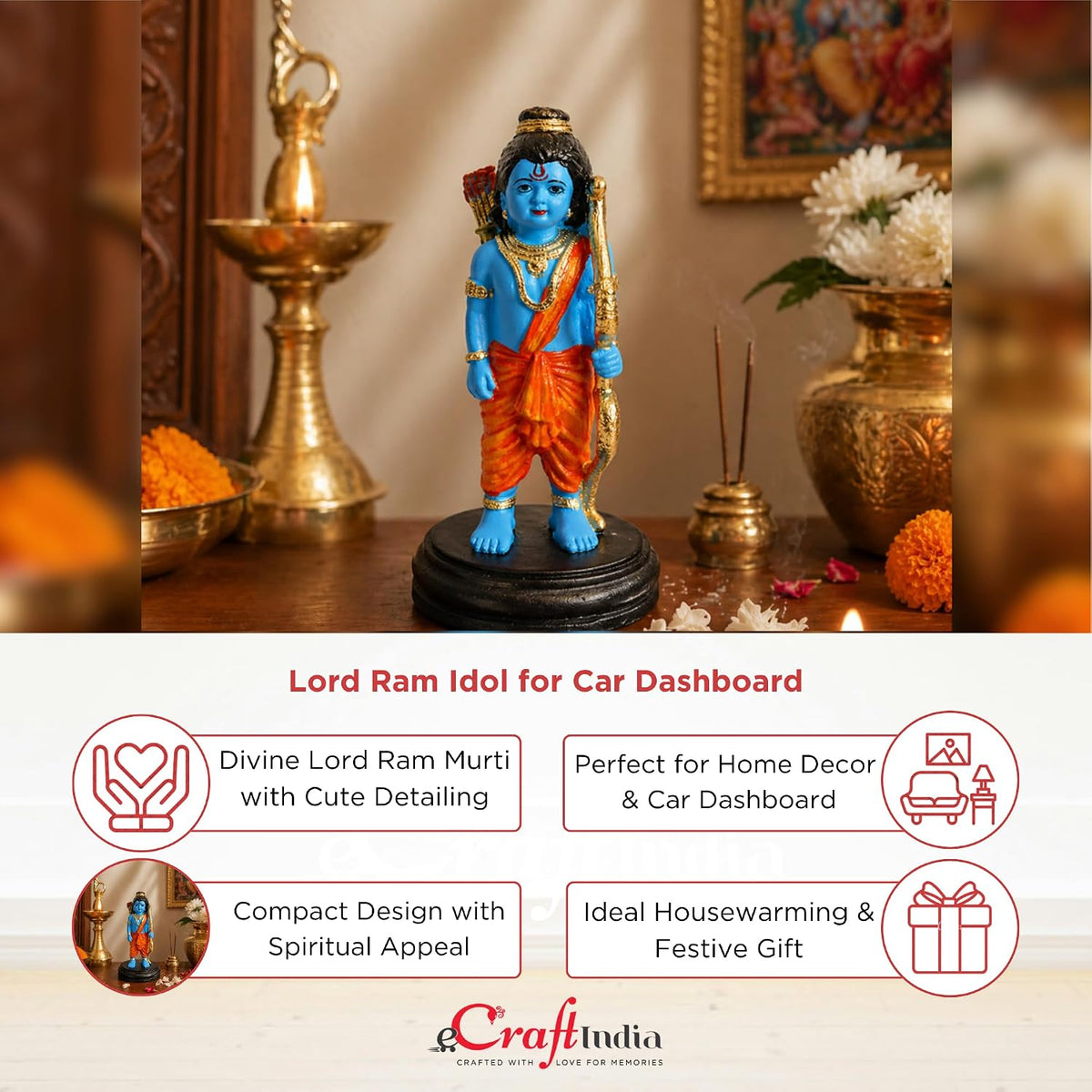 Lord Ram Idol for Car Dashboard Decorative Mini Showpiece for Home Temple Office Desk Spiritual Gift Compact Hindu God Murti for Vastu Dashboard Accessories