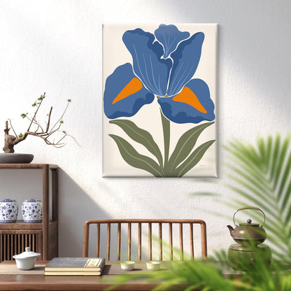 Modern Blue Iris Canvas Wall Art | Abstract Floral Painting with Orange Accent | Elegant Botanical Print on Beige Background | Ready to Hang for Living Room & Bedroom (18 x 24 Inch) CVD-448