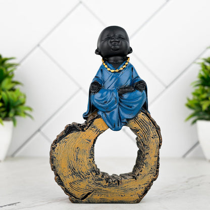 Laughing Buddha Baby Monk Idol Statue Showpiece Home Decor Items for Living Room and Gifts (Blue Black)