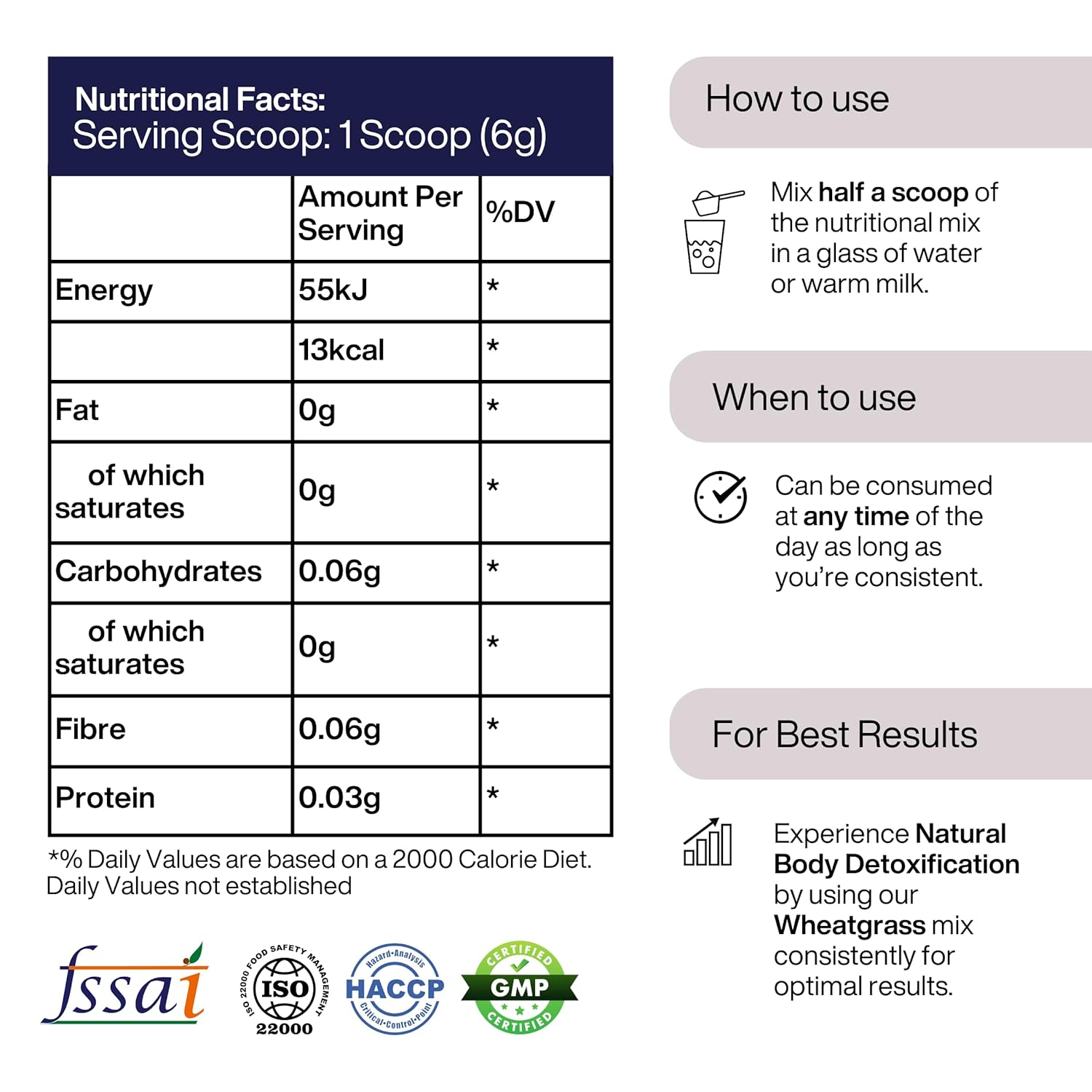 Nutritional facts label and usage instructions for a health supplement product.