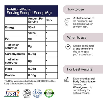Nutritional facts label and usage instructions for a health supplement product.
