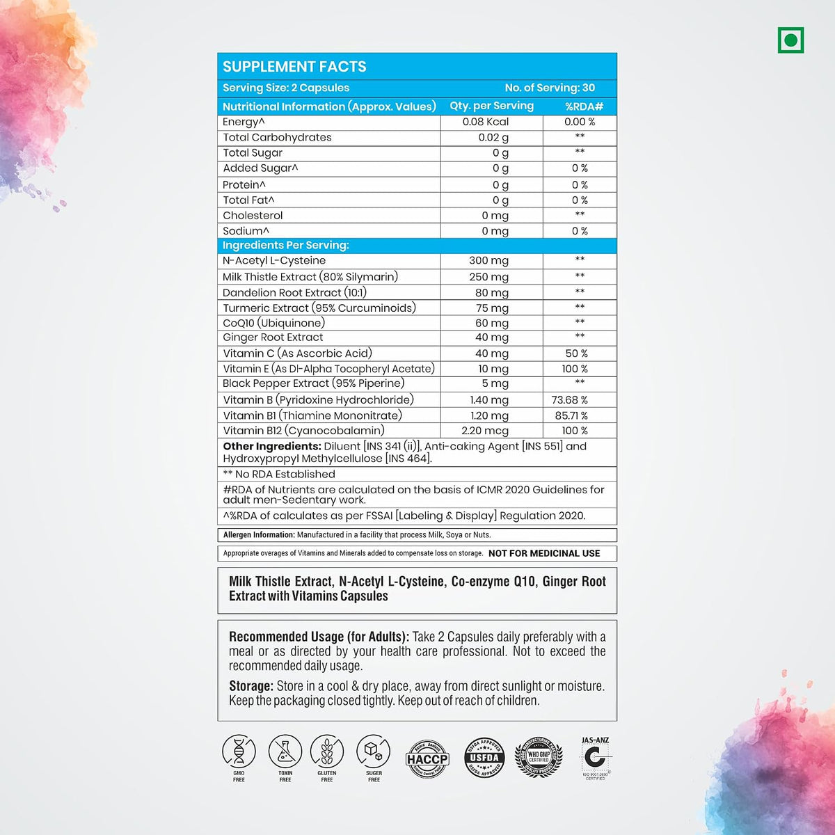 NUTRIPEAK Milk Thistle + NAC Liver & Kidney Support Capsules | 250mg Milk Thistle, 300mg NAC & 60mg CoQ10 Per Serving | 60 Veg Capsules | Daily Wellness Supplement for Men & Women