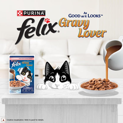 Purina Felix Salmon Gravy Lover, Wet Food for Adult Cats, 70g Pouch | With Salmon in Gravy, Tasty Meaty Chunks, 100% Complete & Balanced Nutrition, Vitamins D & E, Omega 6, Essential Minerals