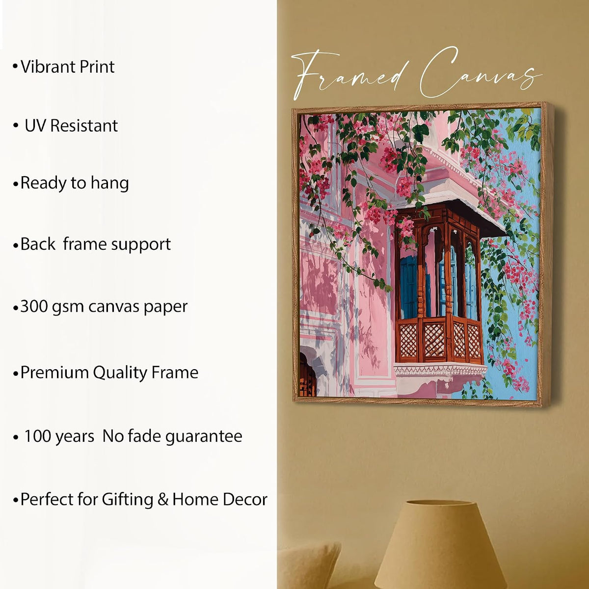 Jaipur Pink City Framed Painting For Living Room | Jharokha Art Large Canvas Painting With Frame Wall Art For Bedroom, Hallway's, Office, Hotel, Size 58x58 cm