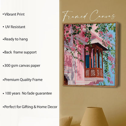 Jaipur Pink City Framed Painting For Living Room | Jharokha Art Large Canvas Painting With Frame Wall Art For Bedroom, Hallway's, Office, Hotel, Size 58x58 cm