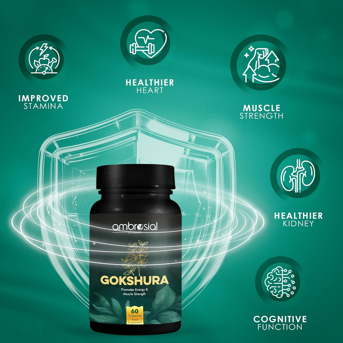 Black bottle of Gokshura with health benefits on a green background
