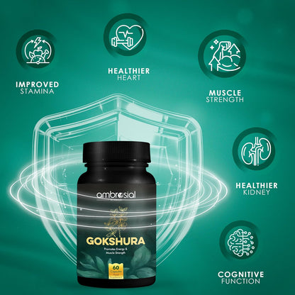 Black bottle of Gokshura with health benefits on a green background