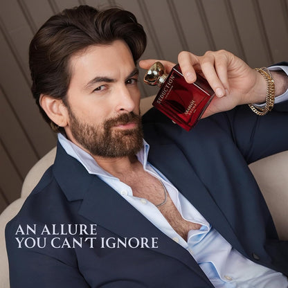 Man holding a red perfume bottle with text 'An Allure You Can't Ignore' on a neutral background