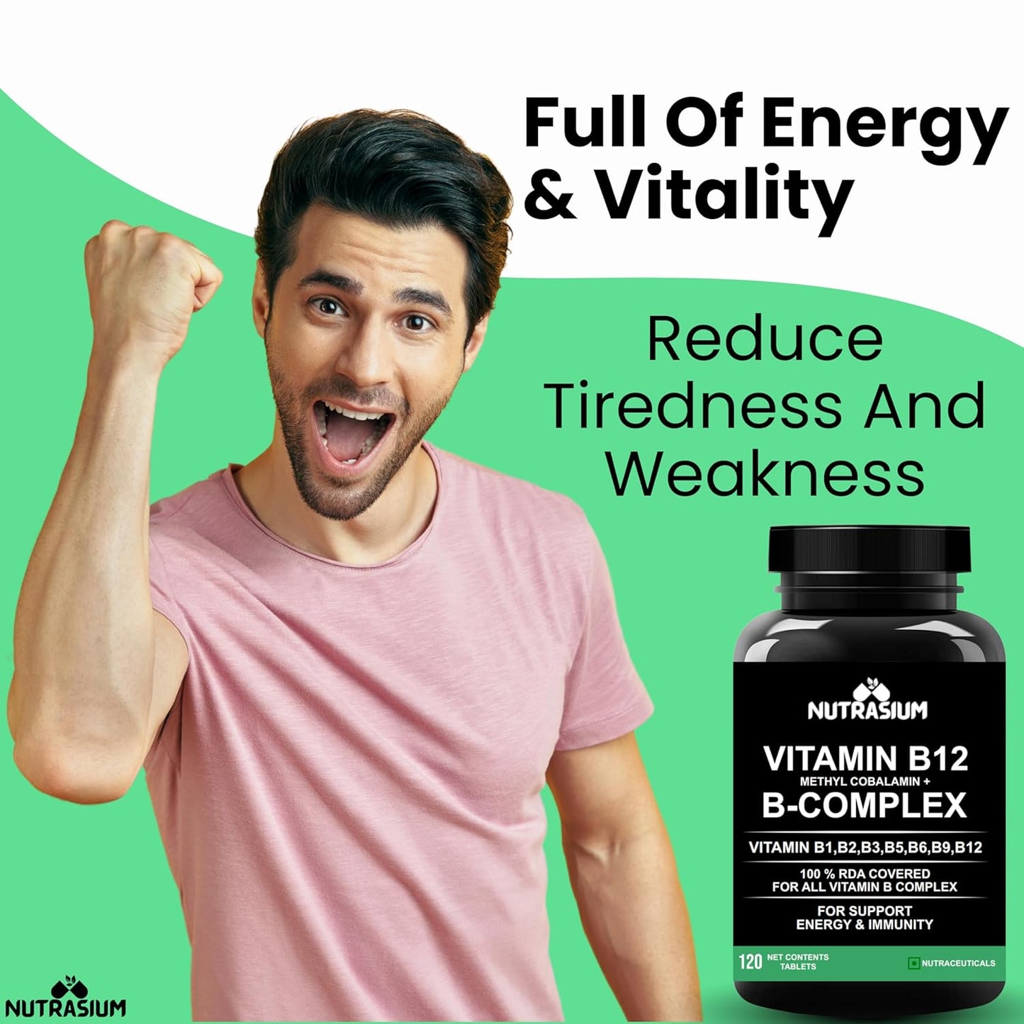 Nutrasium Vitamin B12 with B-Complex Tablets - 100% RDA for B Vitamins with B1, B2, B3, B5, B6, B9 & Vitamin B12 | Vitamin B Complex Supplements for Women & Men - 120 Vegetarian Tablets