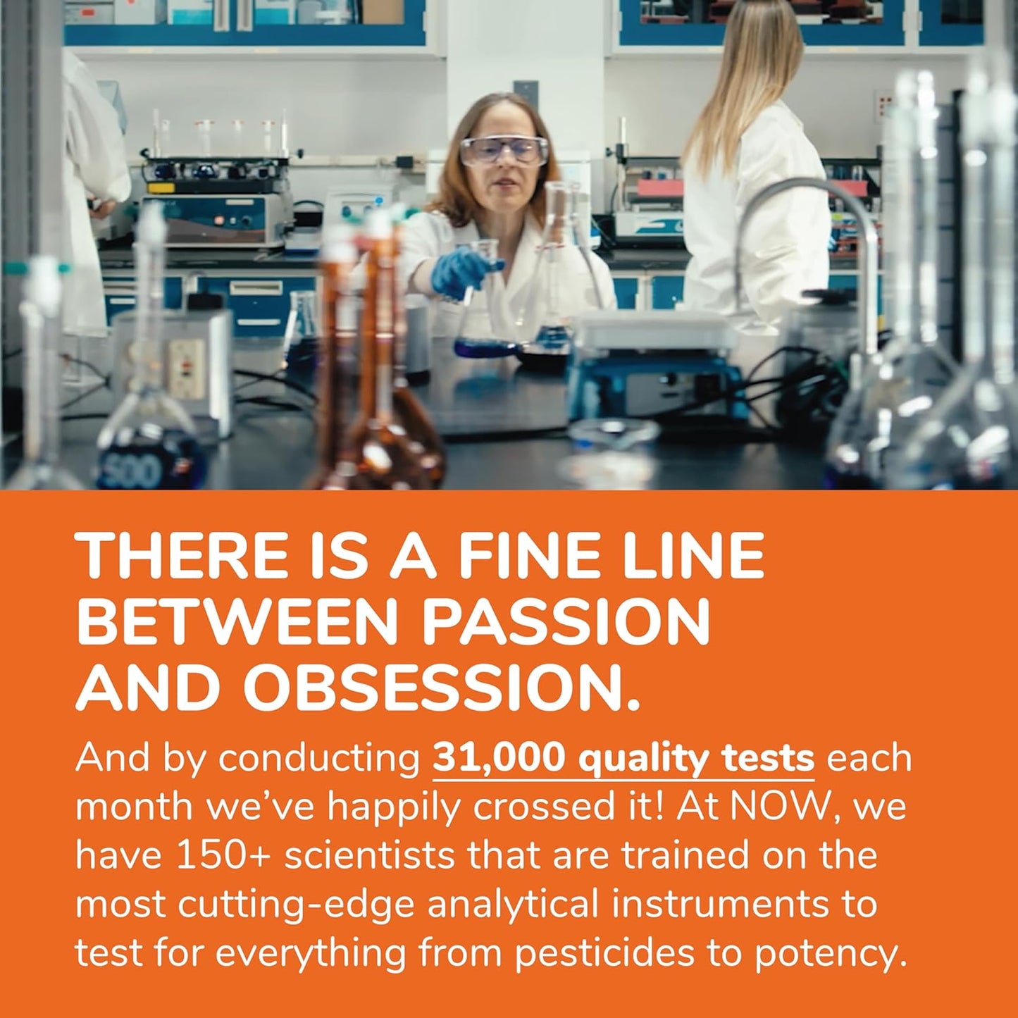Laboratory setting with scientists and text about quality tests and scientists.