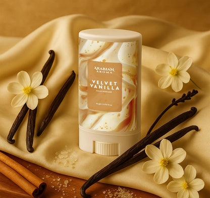Vanilla scented product with vanilla beans and flowers on a beige fabric background