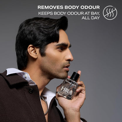 Man holding a HIRA perfume bottle with text about odor removal on a gray background