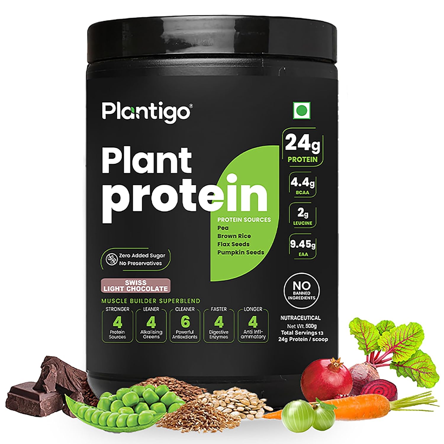 Plantigo Plant Protein container with nutritional information and ingredients displayed.