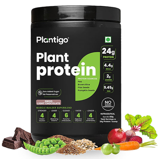 Plantigo Plant Protein container with nutritional information and ingredients displayed.