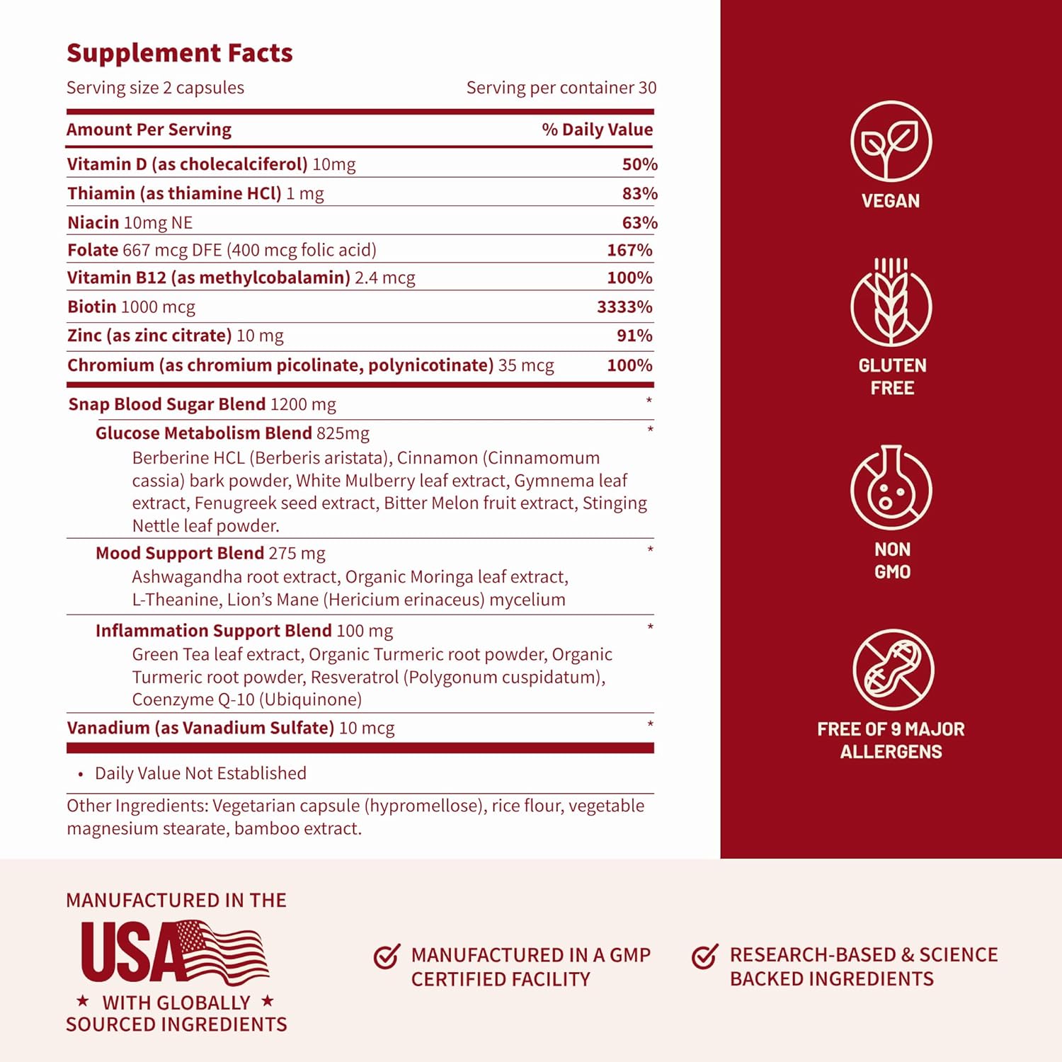 Supplement facts label with various health benefits and certifications on a red and white background.