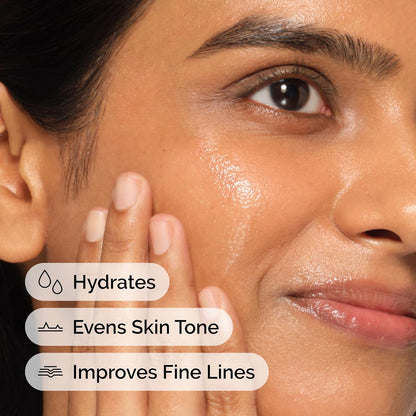 Close-up of a woman's face with text indicating skin care benefits.