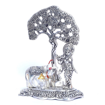 KridayKraft Silver Plated Kamdhenu Cow with Krishna Standing Under Tree Plying Flute Metal Statue,Krishna Murti Idol for Pooja & Decor Your Home,Office,Showpiece