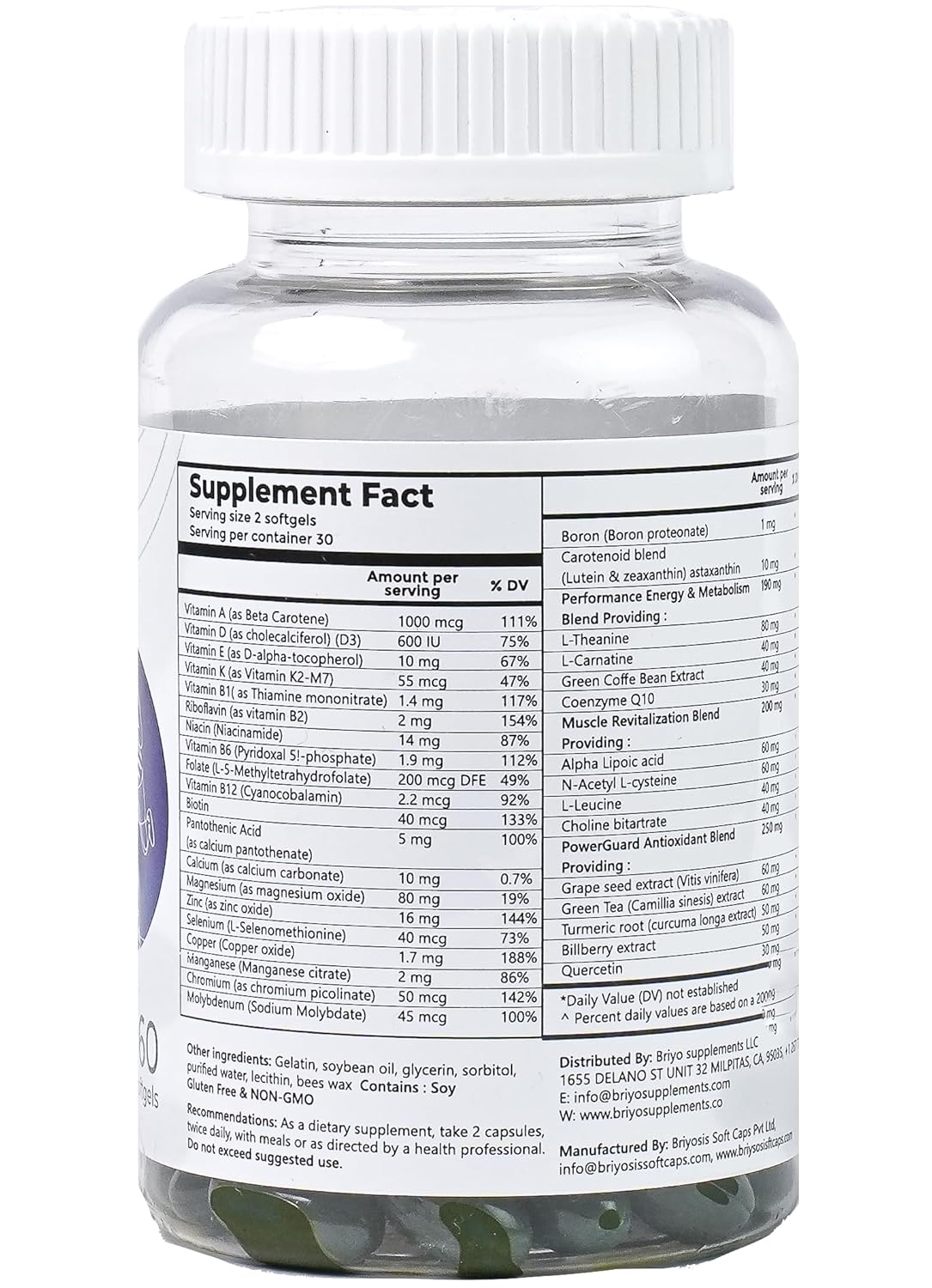 Supplement bottle with label showing supplement facts on a white background