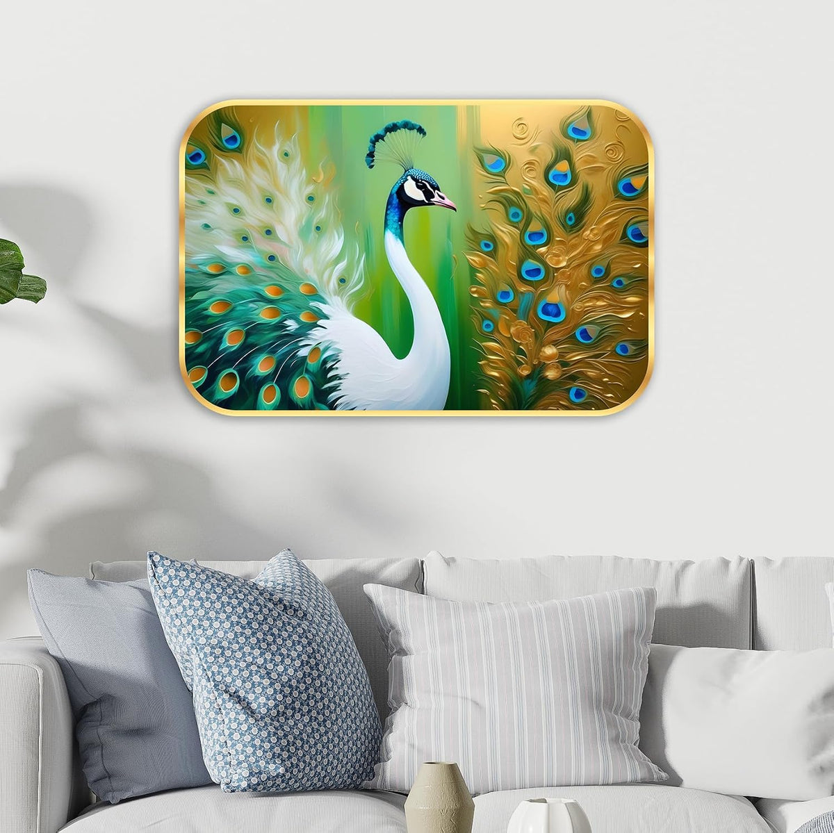 beautiful peacock modern art Premium Sparkle Lamination Finished Surface Golden Slim Frame 35 cm x 28 cm Large Size, For Home/Office/Hotel painting KG57