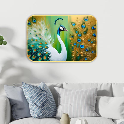 beautiful peacock modern art Premium Sparkle Lamination Finished Surface Golden Slim Frame 35 cm x 28 cm Large Size, For Home/Office/Hotel painting KG57