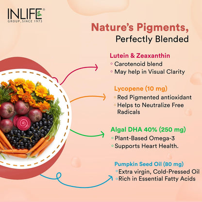 INLIFE Lutein (10mg) and Zeaxanthin (2mg) Supplements with Vitamin A, Lycopene, Algal DHA & Pumpkin Seed Oil | Supports Eye Health & Sleep, Cognitive Function - 60 Veg Capsules