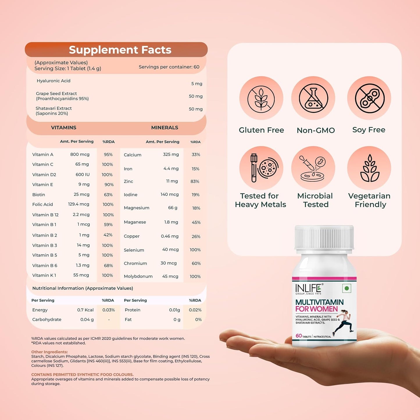INLIFE Women's Multivitamin Tablets | 60 Tablets | Enriched with Zinc, Vitamin C, Vitamin D, and Essential Multiminerals | Supports Immunity and Energy Levels (Pack of 1)