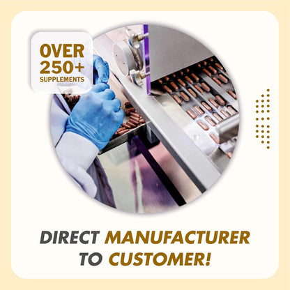 Person wearing gloves operating a machine with text about supplements and direct manufacturing.