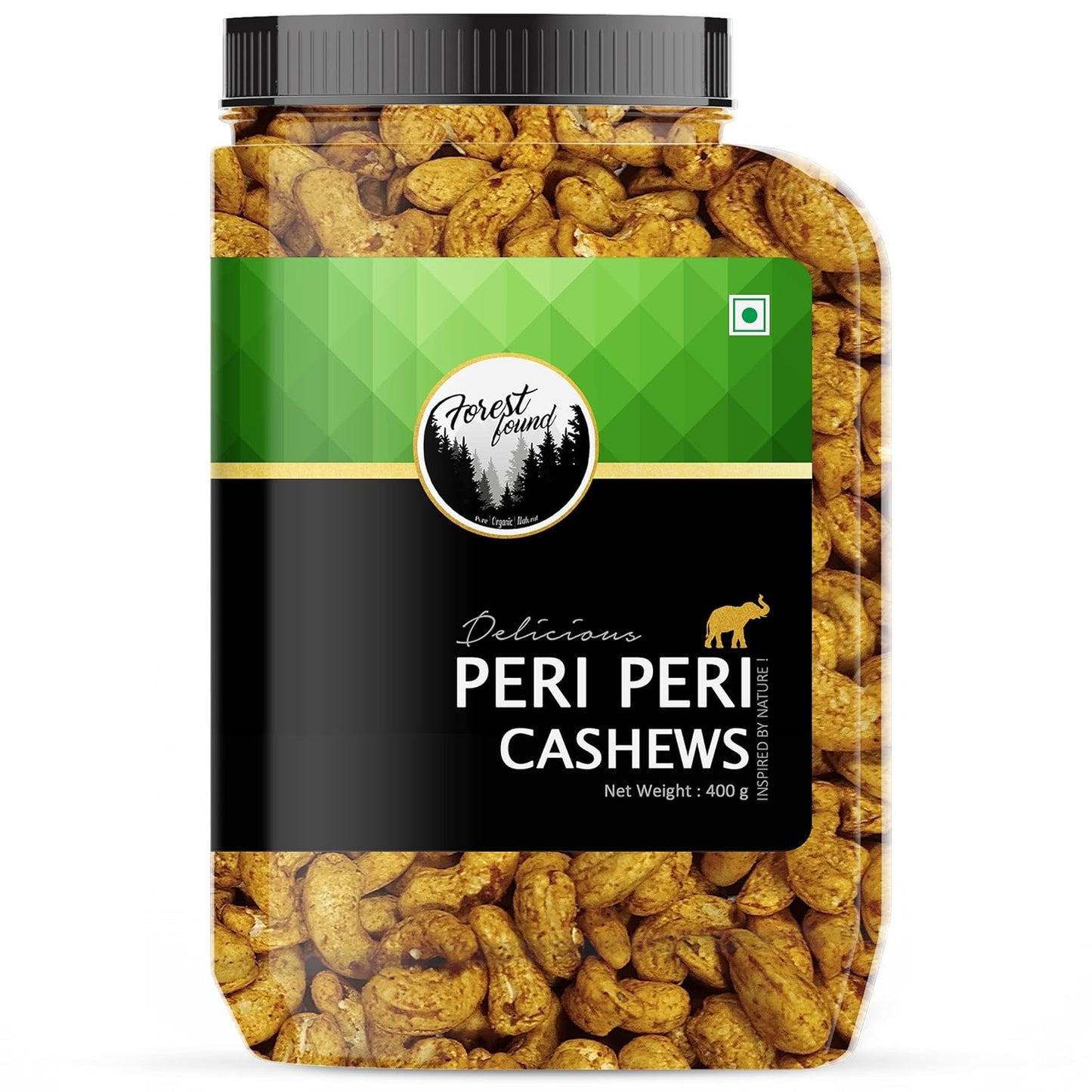 Forest Found Peri Peri Roasted Cashews 400g Spicy Oven Roasted Whole Kaju | 100% Oil-Free & Dry Healthy Crunchy Vegan Snack | Gluten-Free Non-Fried Peri Peri Cashew Nuts