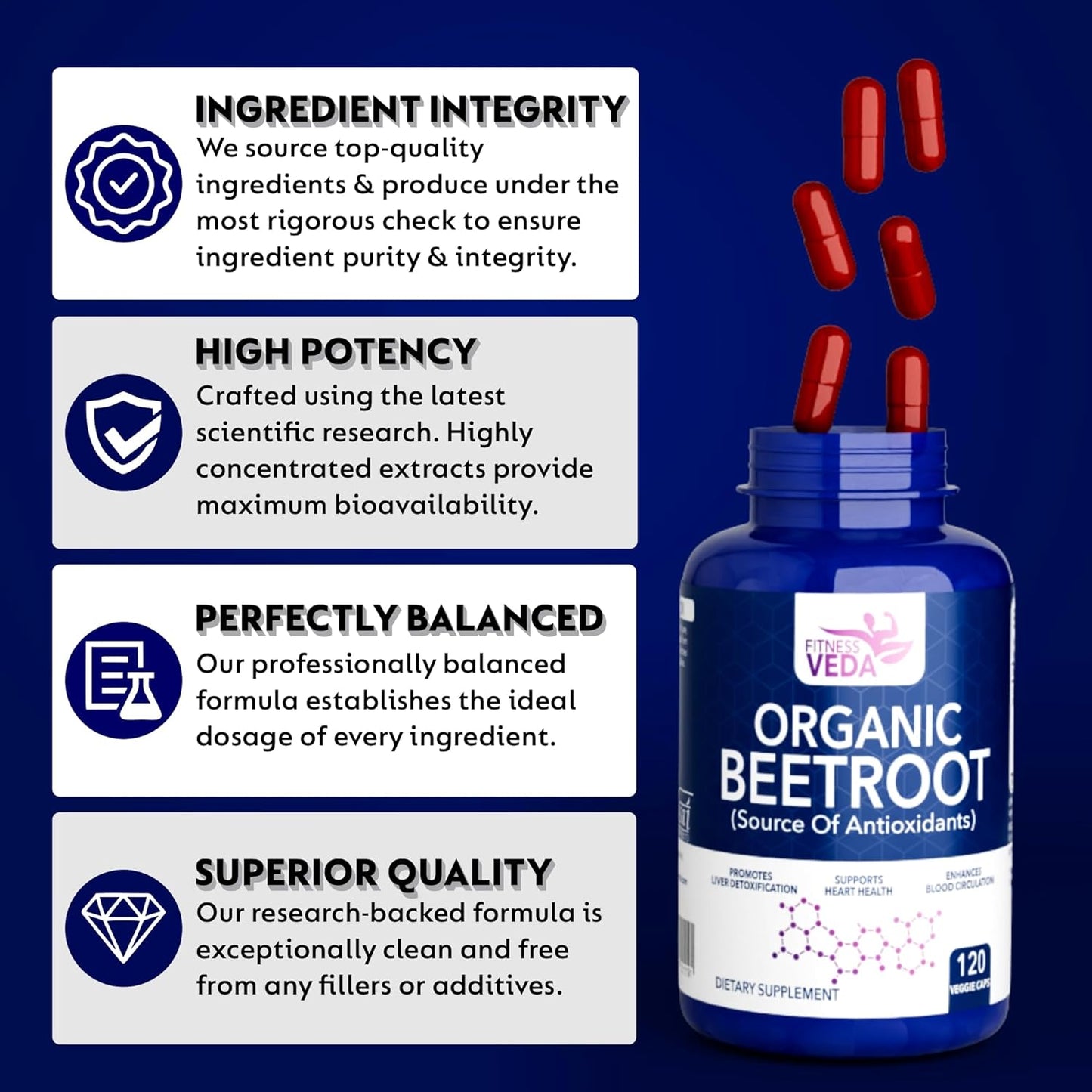 Supplement bottle labeled 'Organic Beetroot' with certification badges on a blue background