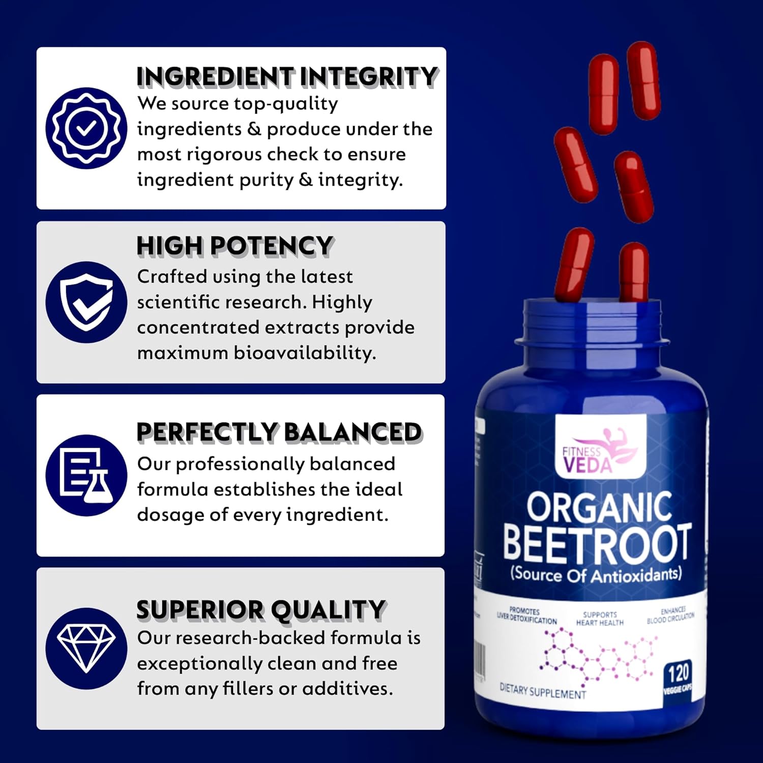 Supplement bottle labeled 'Organic Beetroot' with certification badges on a blue background