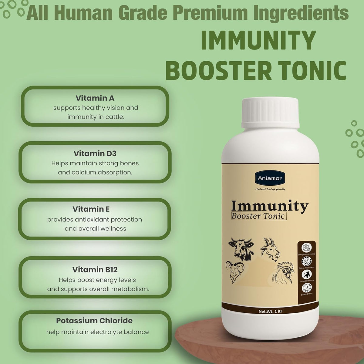 Aniamor Immunity Booster Tonic for Cattle, Cow, Buffalo, Goat, Sheep & Broilers | Vitamin A, D3, E, B12 with Selenium & Yeast Extract | Liquid Feed Supplement for Growth & Productivity | 1 Litre