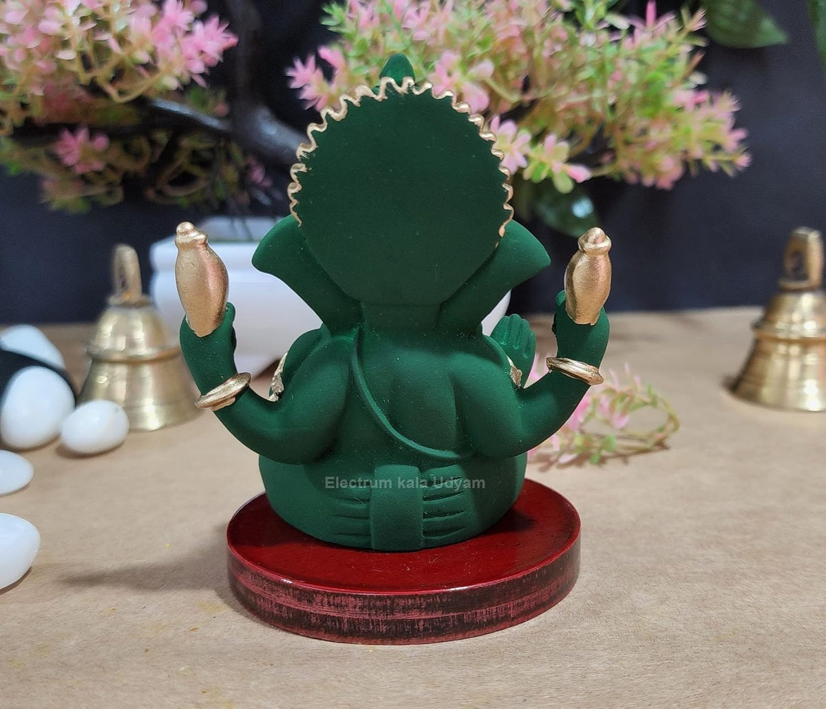 Handcrafted Poly Resin Ganesha Statue with Base - Perfect for Car Dashboard, Office Desk, Shelves, and Home Decor - Ideal Housewarming Gift! (4HandGreenTerracottaMDF)
