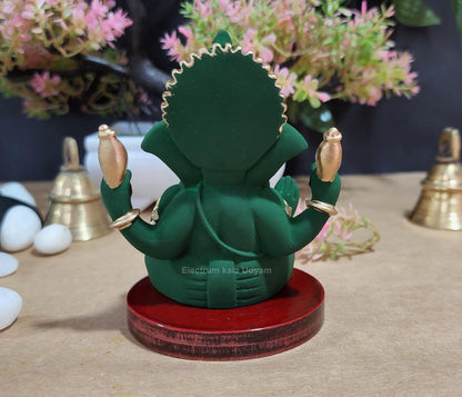 Handcrafted Poly Resin Ganesha Statue with Base - Perfect for Car Dashboard, Office Desk, Shelves, and Home Decor - Ideal Housewarming Gift! (4HandGreenTerracottaMDF)