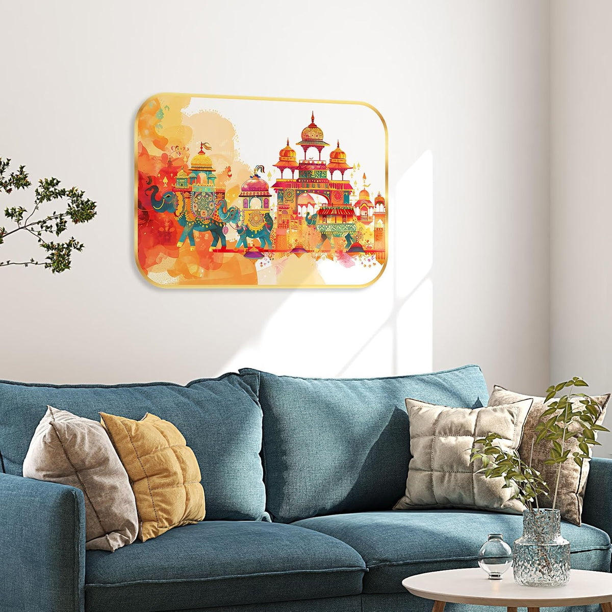 elephant modern art Premium Sparkle Lamination Finished Surface Golden Slim Frame 35 cm x 28 cm Large Size, For Home/Office/Hotel painting KG43