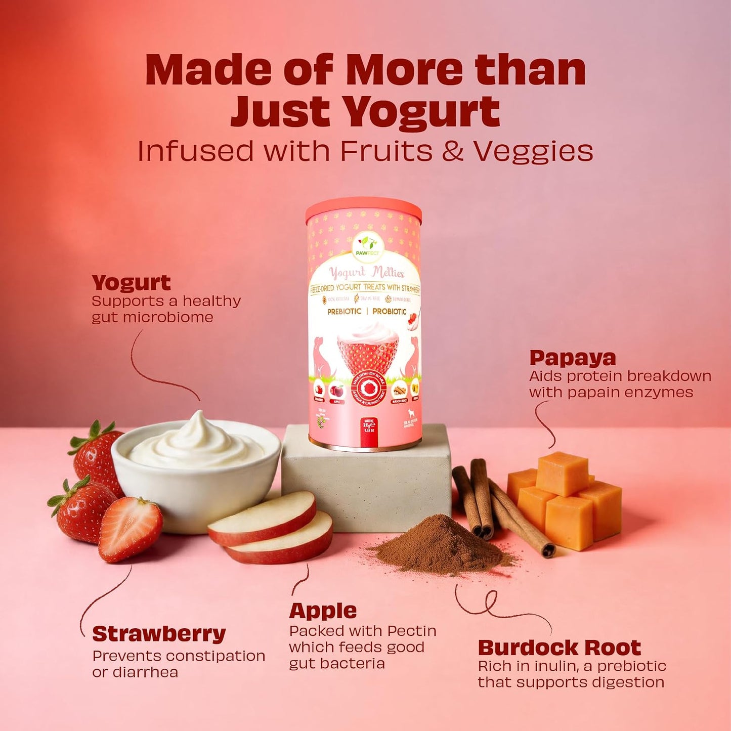 Pawfect Yogurt Melties Freeze-Dried Pre and Probiotic Dog Treats with Yogurt, Strawberry, Apple, Burdock Root and Papaya - Gut Health - Low Calorie Snacks - Grain-Free Dog Training Treats (38g/1.34oz)