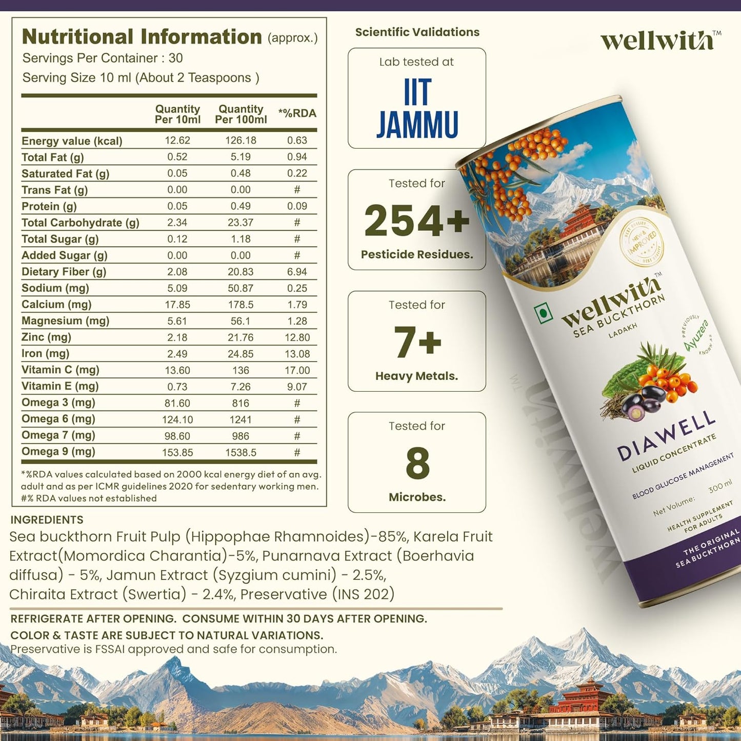 wellwith Ayuzera DiaboWin (Diawell) Karela & Jamun Diabetic Care Juice with Seabuckthorn 300ml | Chirata and Punarnava | Ayurvedic | Makes Upto 50 Glass Juice (300ml, Pack of 1)