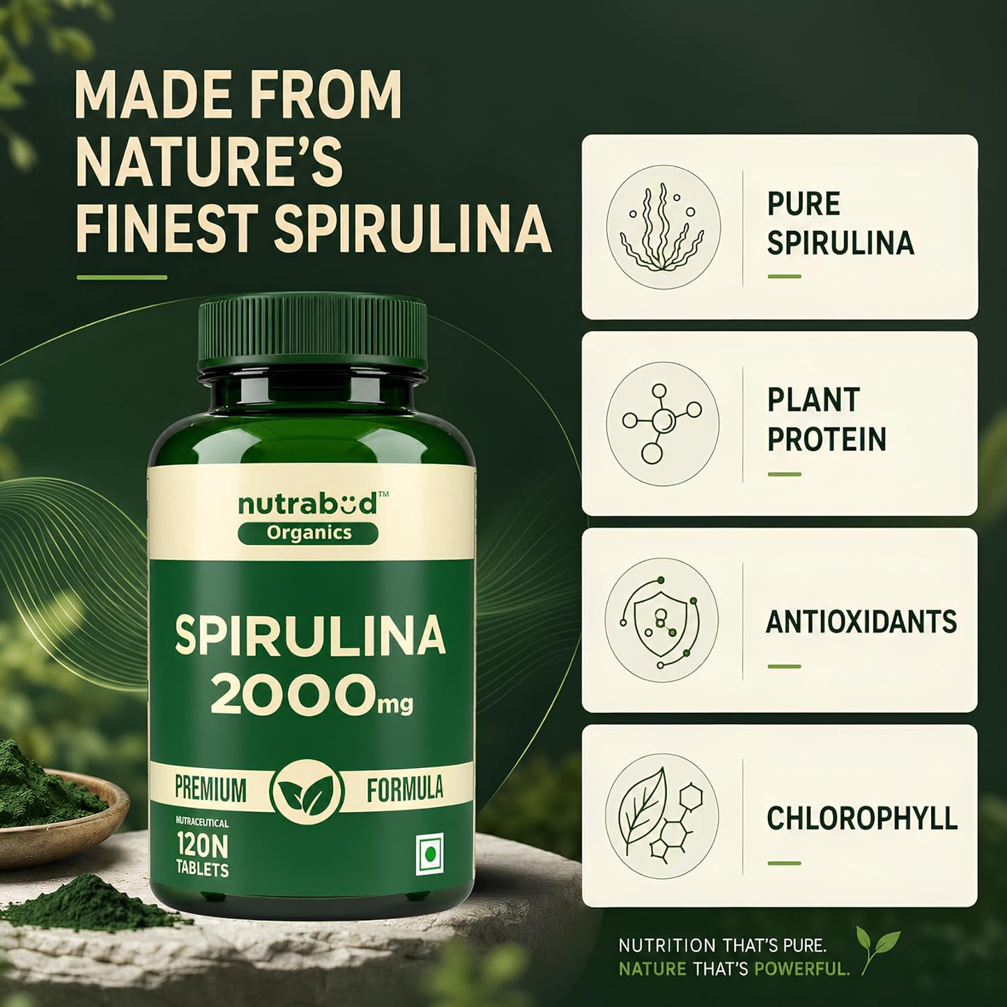 Nutrabud Spirulina Tablets 2000mg per Serving - 120 Veg Tablets - For Women, Men - Preservative & Additive Free (120 Count (Pack of 1))