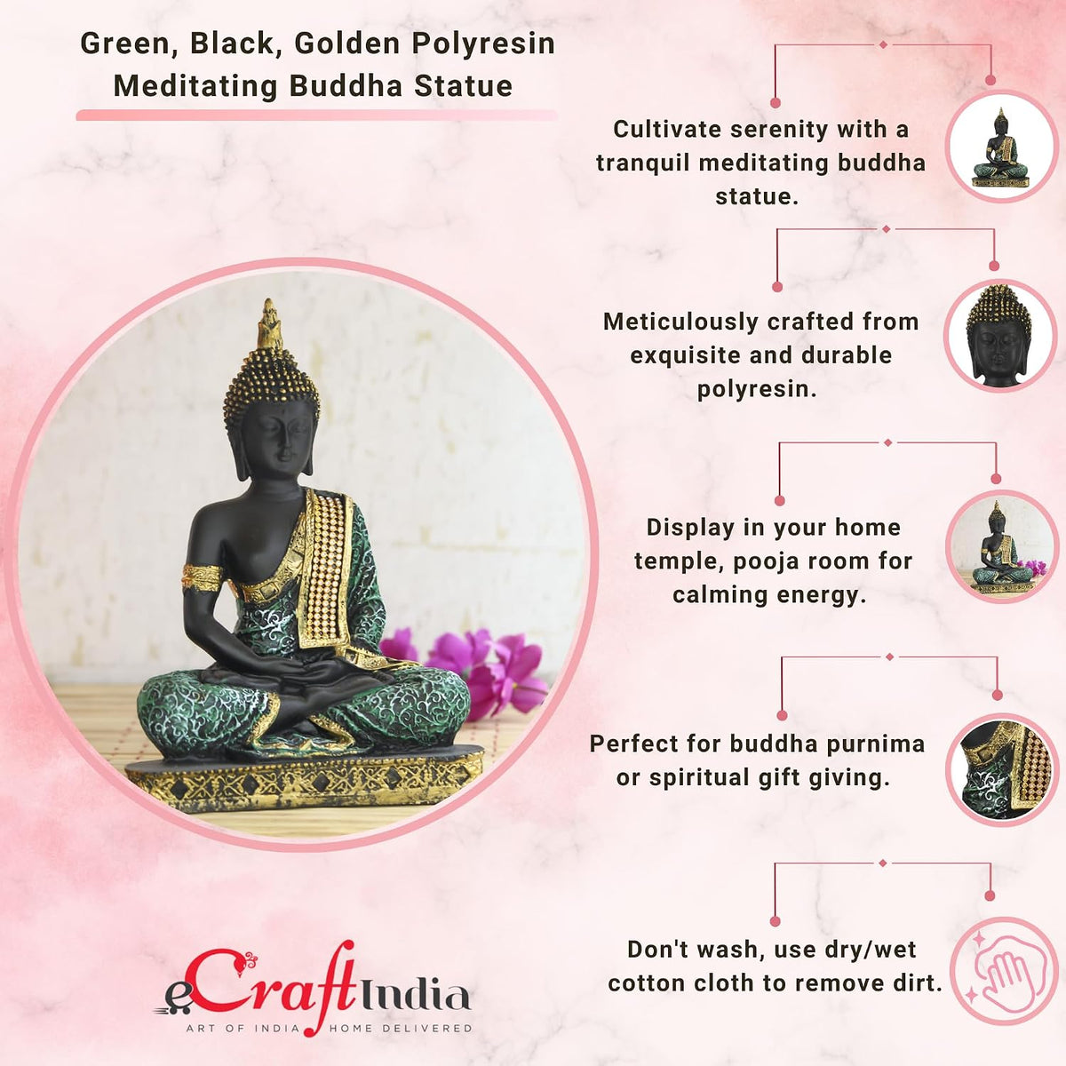 eCraftIndia Buddha Showpiece (6 cm x 15 cm x 24 cm, Green)