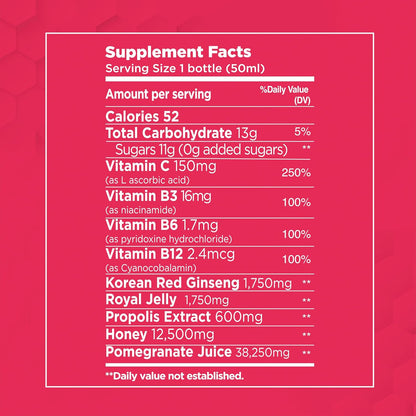 Bee and You Energy X Shot, Korean Red Ginseng, Royal Jelly, Propolis, Caffeine Free Energy Drink, Vitamin C, B3, B6, B12, Immune Support Supplement, Antioxidants, Pomegranate Flavor